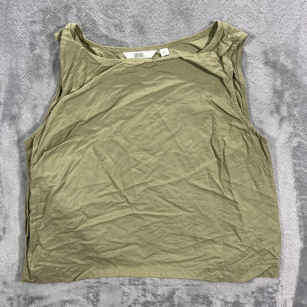 UNIQLO Linen Blend Sleeveless Blouse Womens XS Olive Green Solid Top Earth Basic